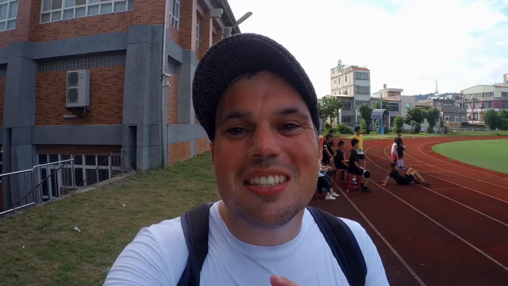 Travel vlogger Ferdinand in Kinmen Island at a sports ground