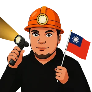Taiwan Travel Vlogger Ferdinand ready to explore tunnels wearing a helmet