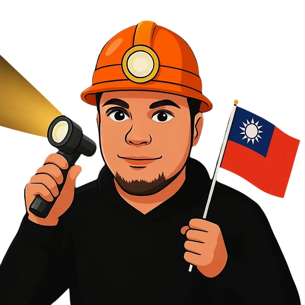 Travel vlogger as comic with a Taiwan flag going into a tunnel