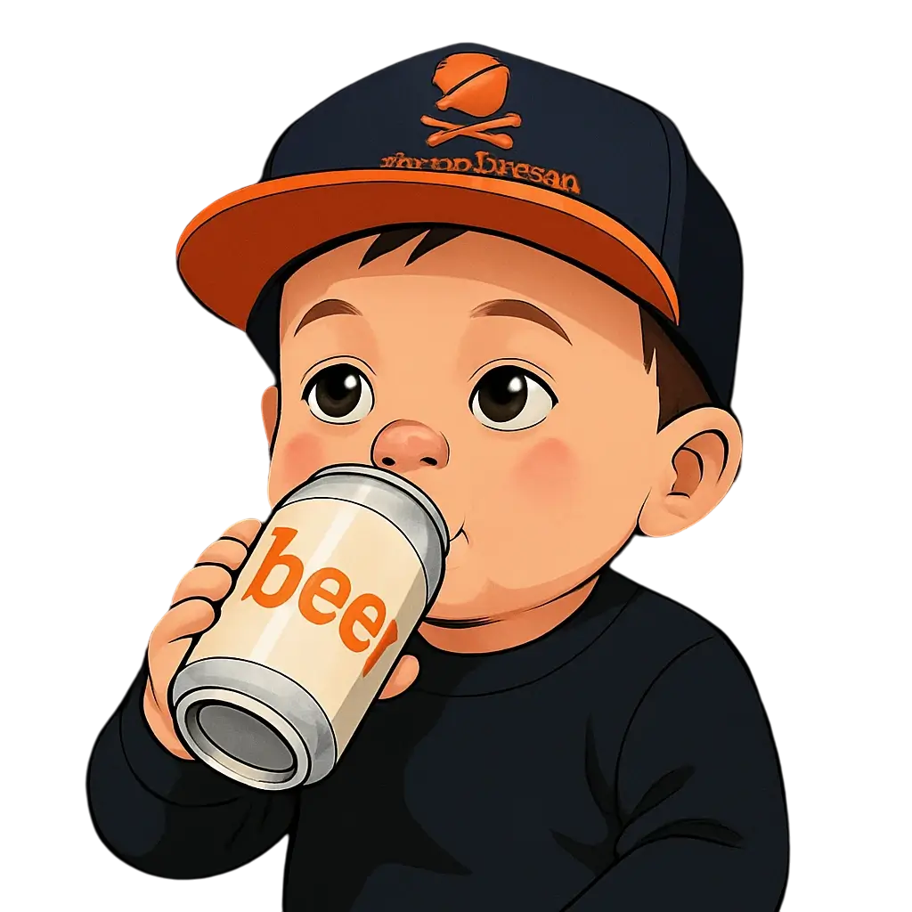 Cartoon of Traveling Kunz looking like a baby with a beer