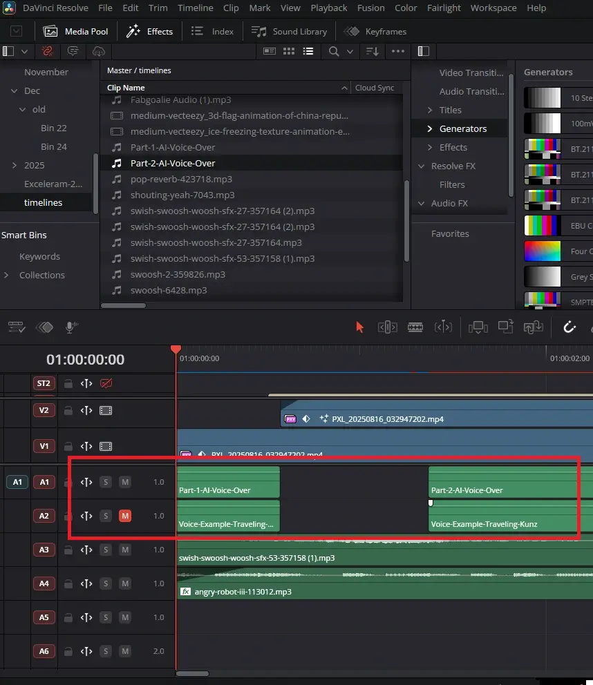 Two AI voice-overs in one timeline in the editing software