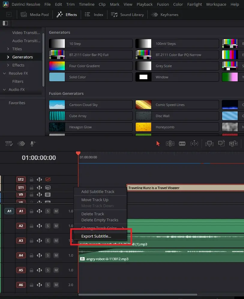 Exporting generated subtitles in DaVinci Resolve