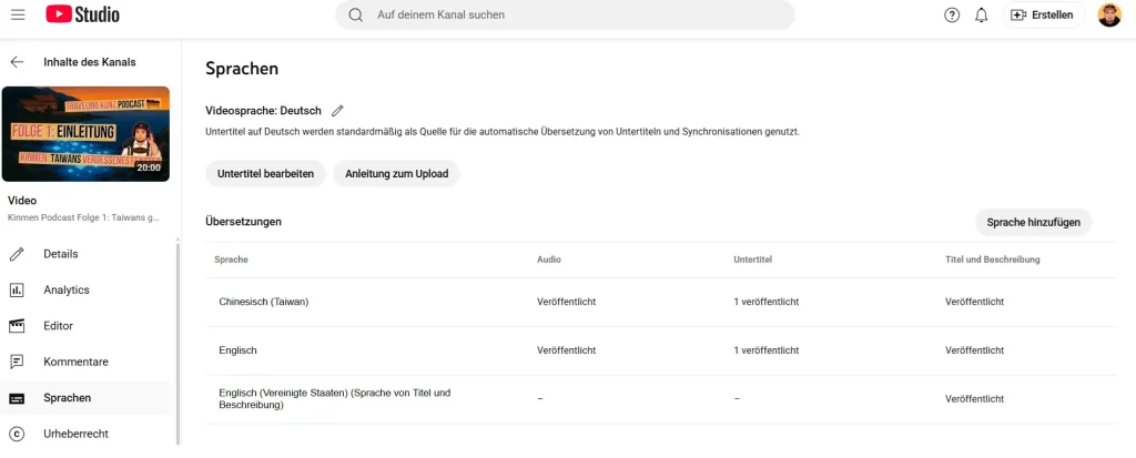 Inside Youtube Studio you can add and manage your AI voice-overs