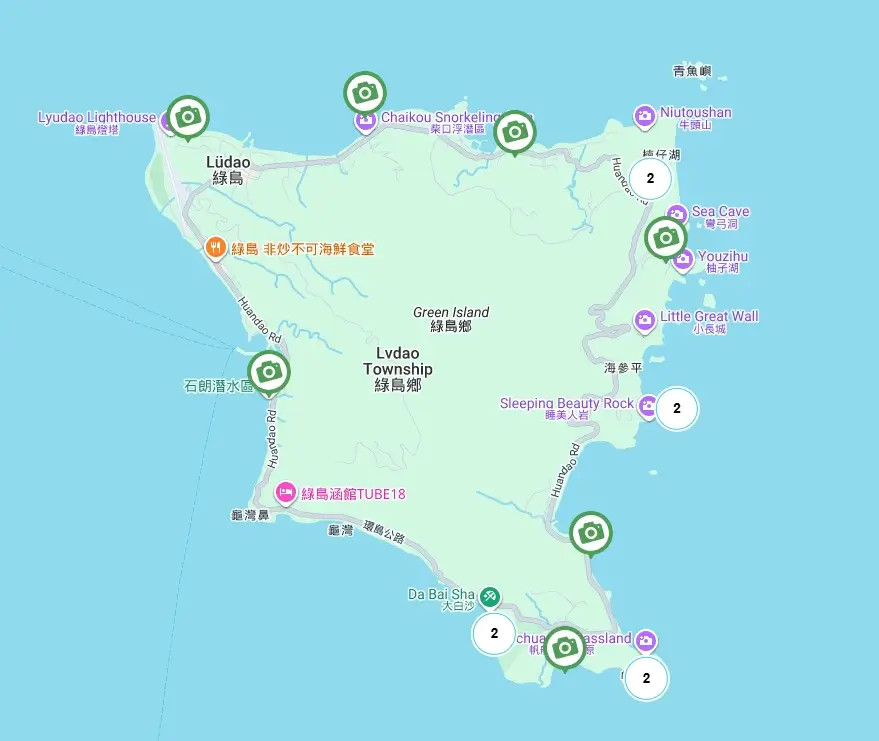 Map of Green Island, Taiwan, showing its coastline, main roads, and key landmarks.