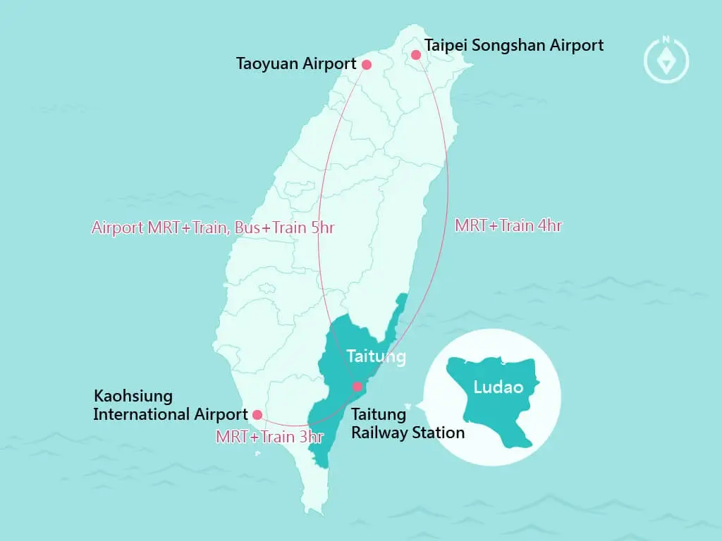 Map of Green Island, Taiwan, highlighting travel major roads and coastal outline