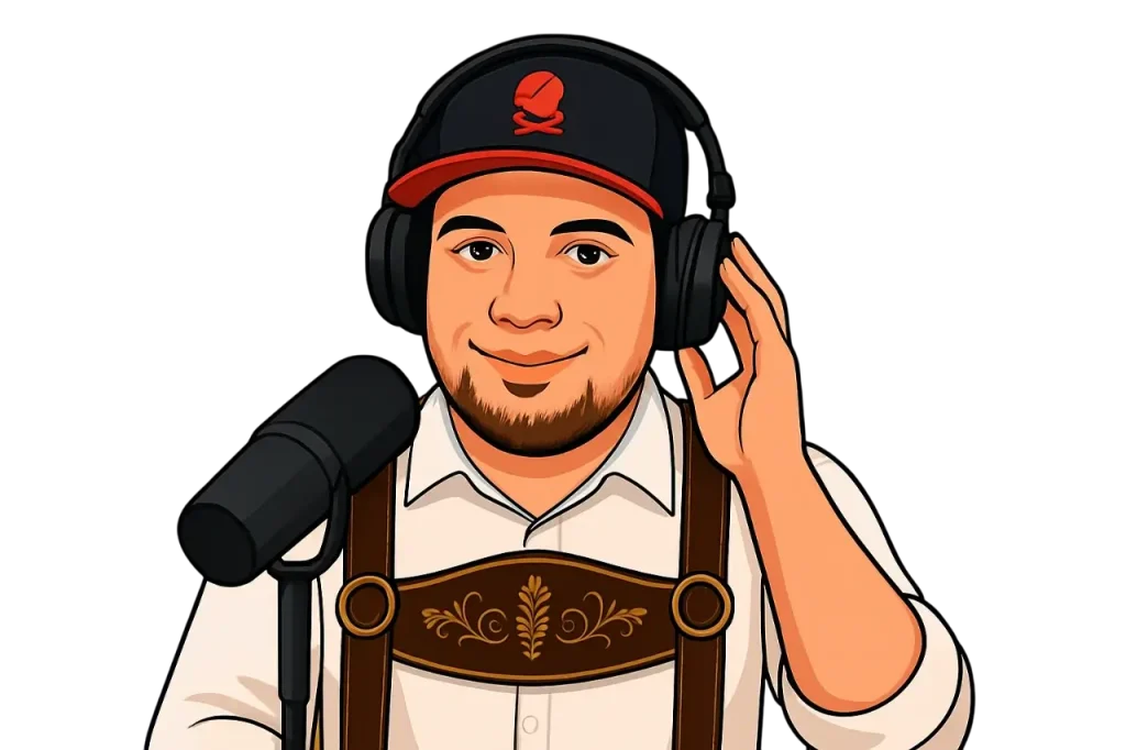 Travel Vlogger Traveling Kunz as a Podcaster with Lederhosen and microphone
