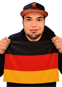An AI comic version of the travel vlogger Ferdinand holding up a German flag