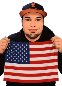 An AI comic version of the travel vlogger Ferdinand holding up an American flag