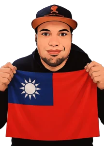 An AI comic version of the travel vlogger Ferdinand holding up a Taiwan flag